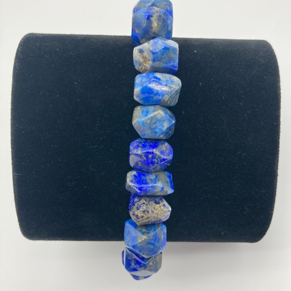 Genuine Lapis Lazuli Faceted Nugget Bracelet • Natural Blue Stone with Pyrite